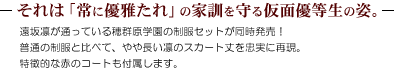 遠坂凛が通っている穂群原学園の制服セットが同時発売！
        普通の制服と比べて、やや長い凛のスカート丈を忠実に再現。
        “あかいあくま”の所以たる、特徴的な赤のコートも付属します。